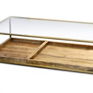 0 שולחן סלון 120/60סמ זכוכית/ברס עם 2 מגשי עץ נשלפים